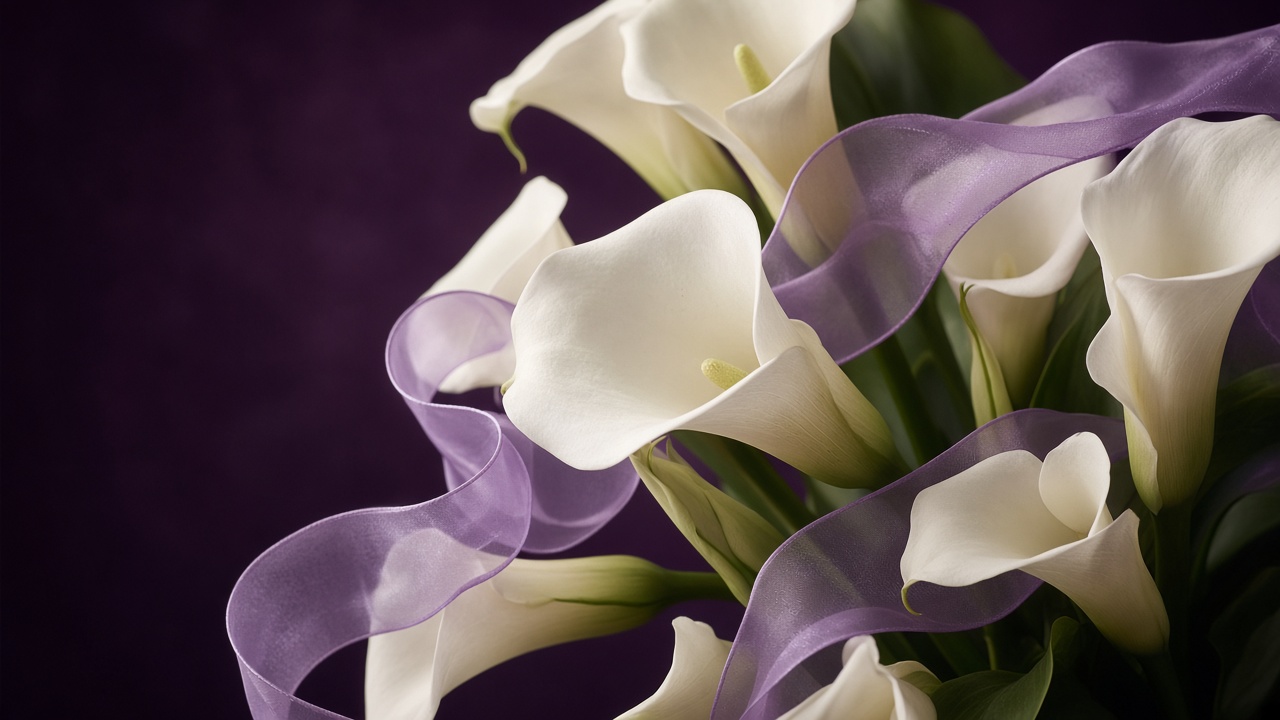 Soft white calla lilies on a plum background